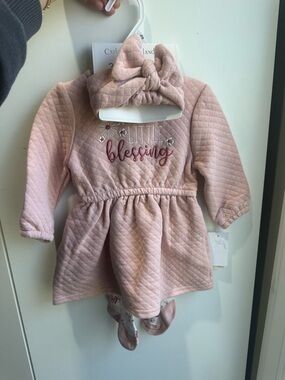 Little Blessing Quilted Pink Baby Dress with Bow Headband